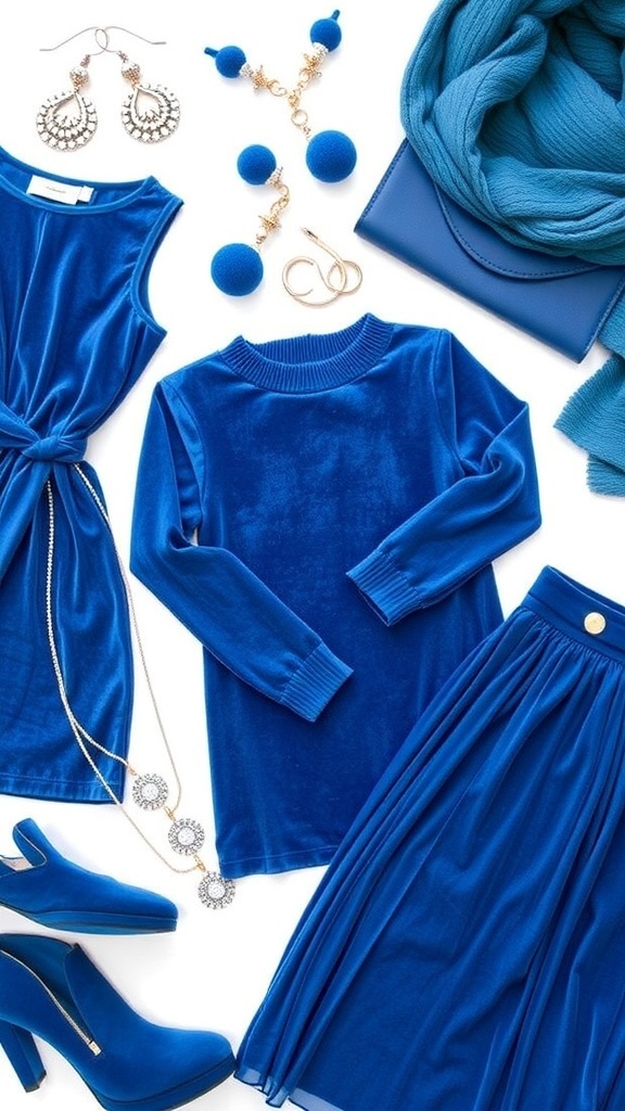 Flat lay of blue Christmas outfits with accessories, showcasing a velvet dress, sweater, and midi skirt.